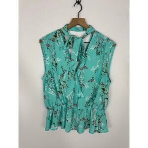 Soho NY&C Aqua Floral Tie Neck Blouse Size Large Sleeveless Peplum Top